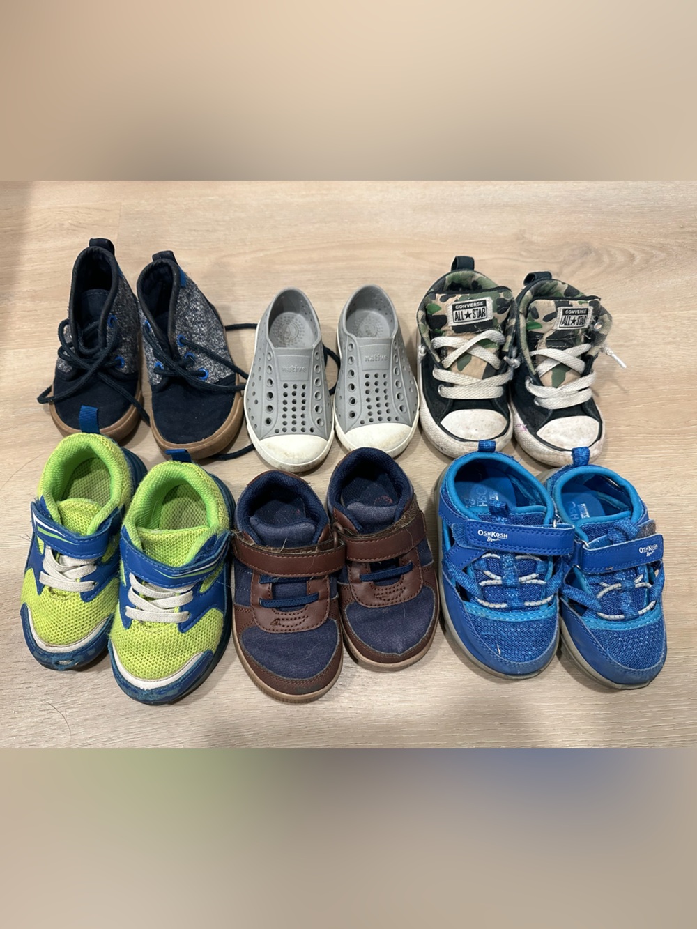 Lot of boys toddle shoes: chucks, stride rite, cat and jack, native
